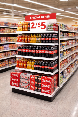 End cap display used for retail promotion in a high-traffic aisle