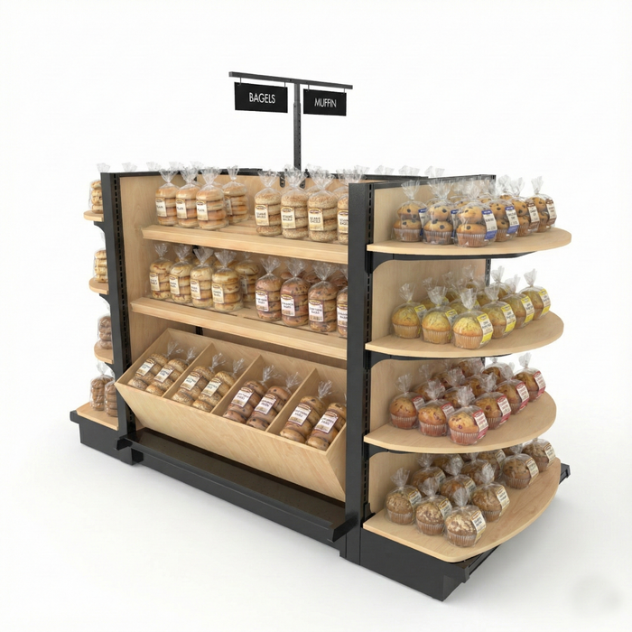 Gondola shelving with grocery products