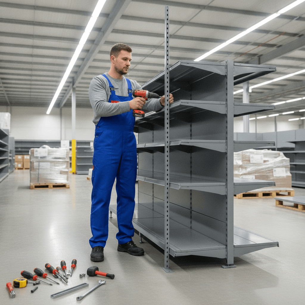 Steel fabrication of pharmacy gondola shelving components at a manufacturing facility