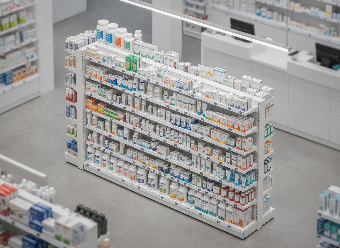 Pharmacy shelf dividers, price channels and sign holders installed on gondola shelving