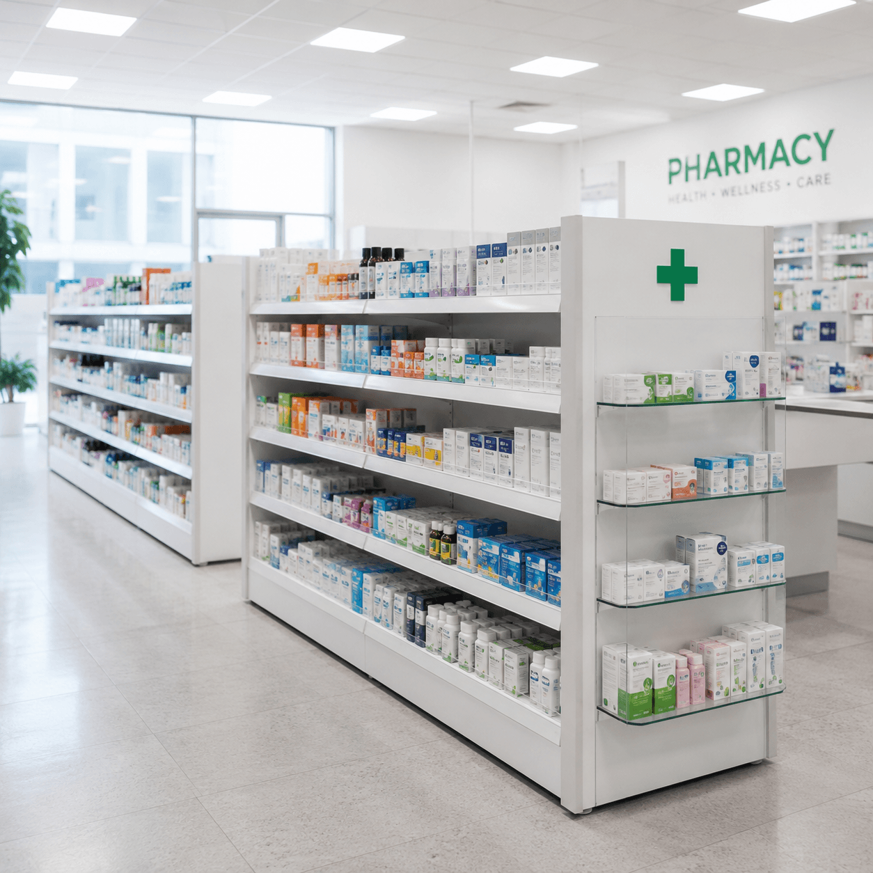 Pharmacy end cap display shelving with OTC promotional products