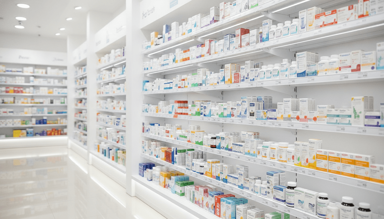 Full pharmacy store fixture package installed during a retail buildout