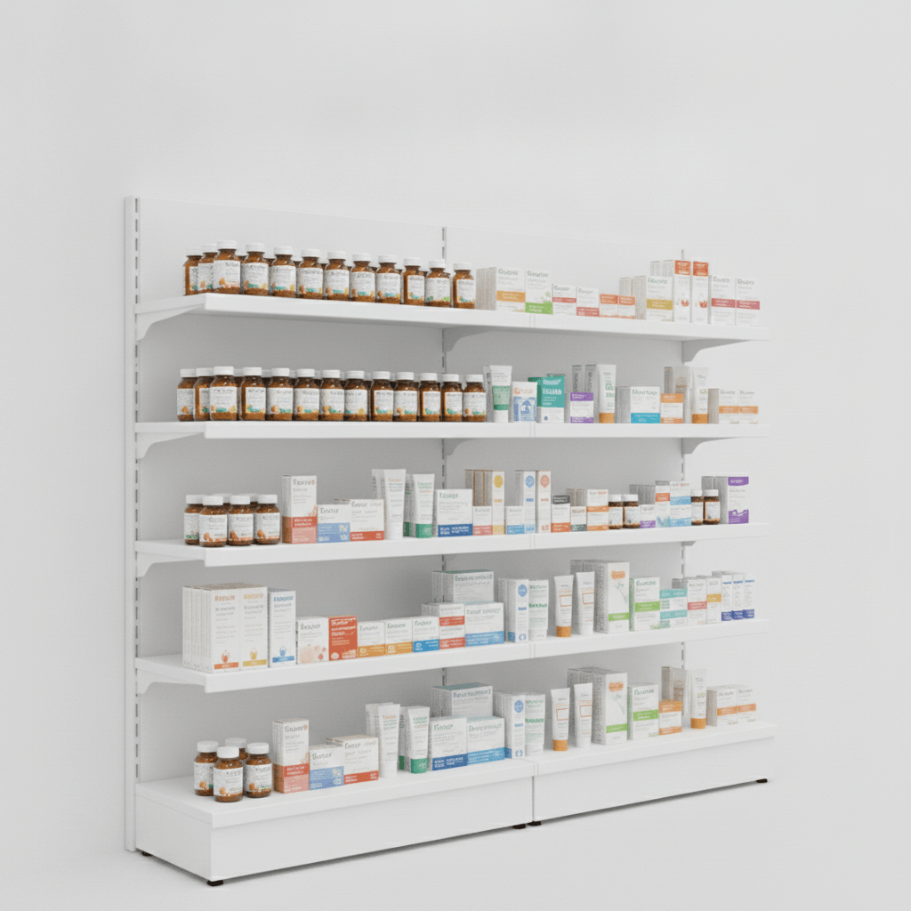 Complete pharmacy fixture package including shelving, checkout counter and signage