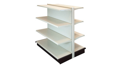 DOUBLE SIDE GONDOLA 4’L, 54″H WITH 16″ BASE AND 3 -16″ SHELVES ON EACH SIDE, PEGBOARD BACK IN LIGHT BEIGE FINISH