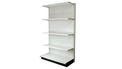 WALL SECTION 4’L, 84″H WITH 16″ BASE AND 4 -16″ SHELVES PER SECTION, PEGBOARD BACK IN LIGHT BEIGE FINISH