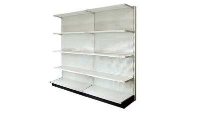 WALL SECTION 8’L, 84″H WITH 16″ BASE AND 4 -16″ SHELVES PER SECTION, PEGBOARD BACK IN LIGHT BEIGE FINISH