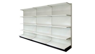 WALL SECTION 12’L, 84″H WITH 16″ BASE AND 4 -16″ SHELVES PER SECTION, PEGBOARD BACK IN LIGHT BEIGE FINISH