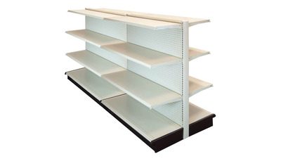 DOUBLE SIDE GONDOLA 8’L, 54″H WITH 16″ BASE AND 3 -16″ SHELVES ON EACH SIDE, PEGBOARD BACK IN LIGHT BEIGE FINISH