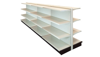 DOUBLE SIDE GONDOLA 12’L, 54″H WITH 16″ BASE AND 3 -16″ SHELVES ON EACH SIDE, PEGBOARD BACK IN LIGHT BEIGE FINISH