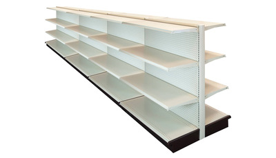 DOUBLE SIDE GONDOLA 16’L, 54″H WITH 16″ BASE AND 3 -16″ SHELVES ON EACH SIDE, PEGBOARD BACK IN LIGHT BEIGE FINISH