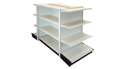 DOUBLE SIDE GONDOLA 4’L, 54″H WITH 16″ BASE AND 3 -16″ SHELVES ON EACH SIDE, WITH 2 END GONDOLAS 36″ WIDE WITH 3 SHELVES-16″ PEGBOARD BACK IN LIGHT BEIGE FINISH
