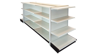 DOUBLE SIDE GONDOLA 8’L, 54″H WITH 16″ BASE AND 3 -16″ SHELVES ON EACH SIDE, WITH 2 END GONDOLAS 36″ WIDE WITH 3 SHELVES-16″ PEGBOARD BACK IN LIGHT BEIGE FINISH