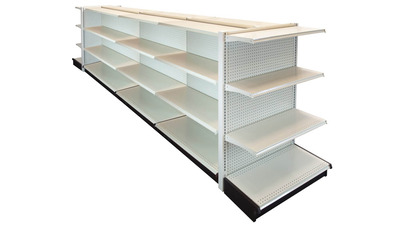 DOUBLE SIDE GONDOLA 12’L, 54″H WITH 16″ BASE AND 3 -16″ SHELVES ON EACH SIDE, WITH 2 END GONDOLAS 36″ WIDE WITH 3 SHELVES-16″ PEGBOARD BACK IN LIGHT BEIGE FINISH