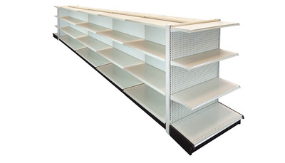 DOUBLE SIDE GONDOLA 16’L, 54″H WITH 16″ BASE AND 3 -16″ SHELVES ON EACH SIDE, WITH 2 END GONDOLAS 36″ WIDE WITH 3 SHELVES-16″ PEGBOARD BACK IN LIGHT BEIGE FINISH