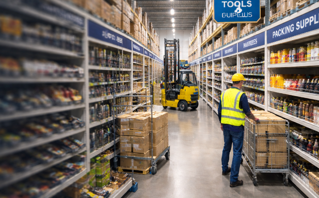 Industrial warehouse operations with gondola shelving zones